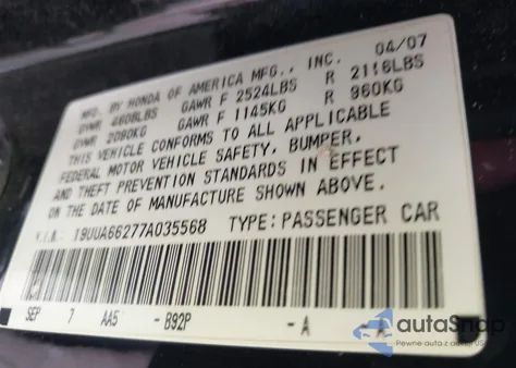 2007 Acura Tl 3.2 z USA, uszkodzony, nr VIN 19UUA66277A035568